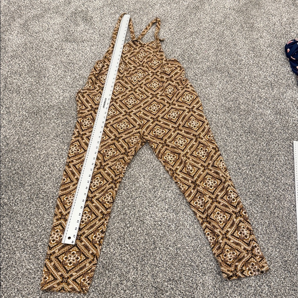 Known Supply Brown Cream Organic Cotton Geometric Print Boho Aztec Jumpsuit Sz M - Picture 13 of 16